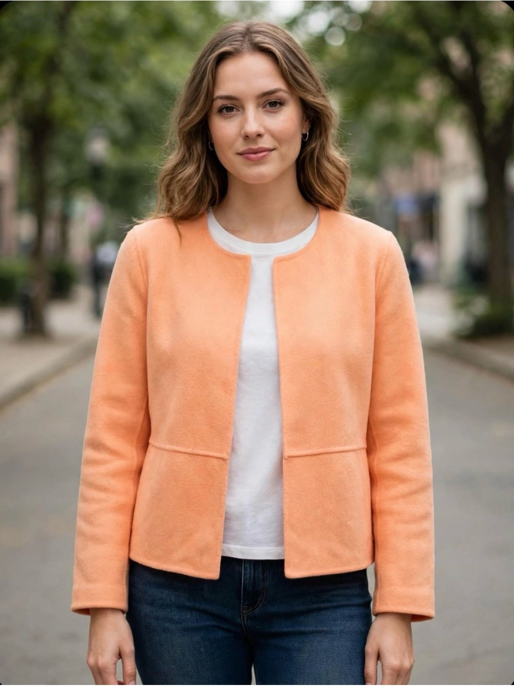 Eileen Fisher Peach Collarless Open-Front Jacket Wool Blend PTP 18” L 21”